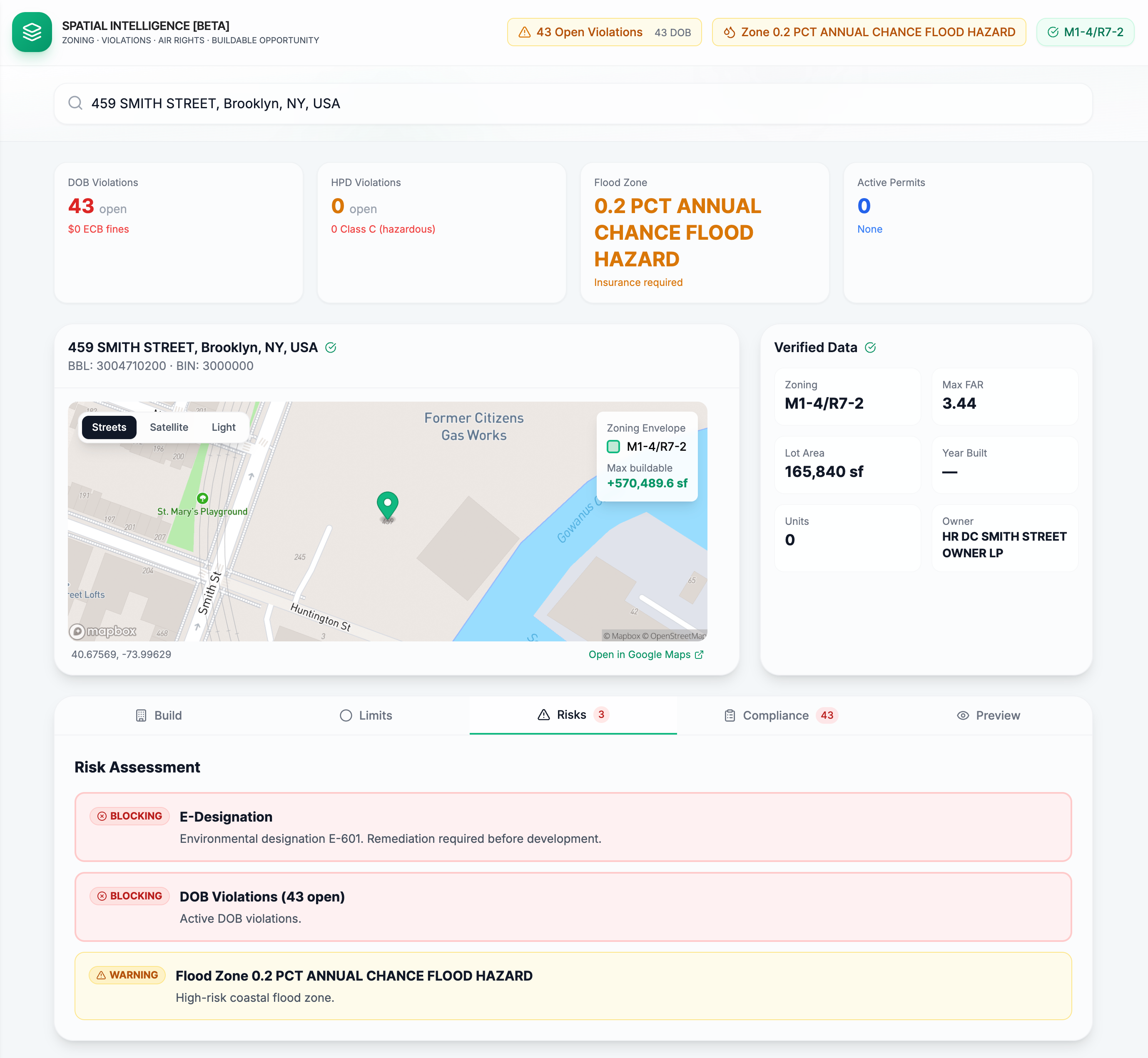 Risk Assessment showing E-Designation blocking, DOB violations blocking, and flood zone warning