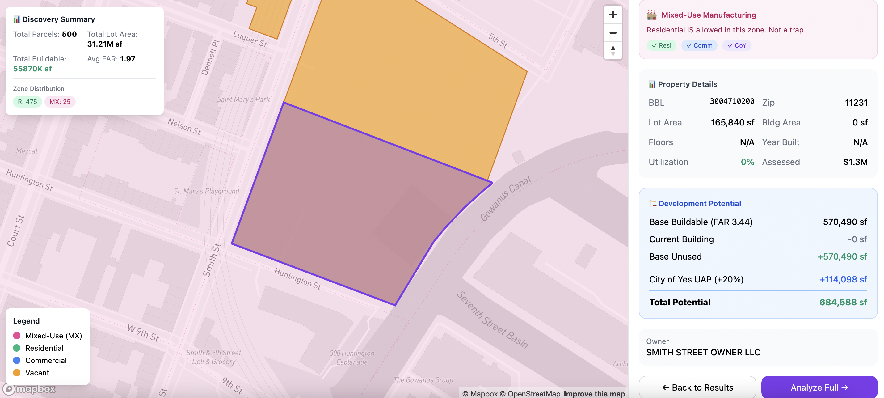 PropertyPulse Discovery mode showing 500 parcels with zoning color coding and development potential