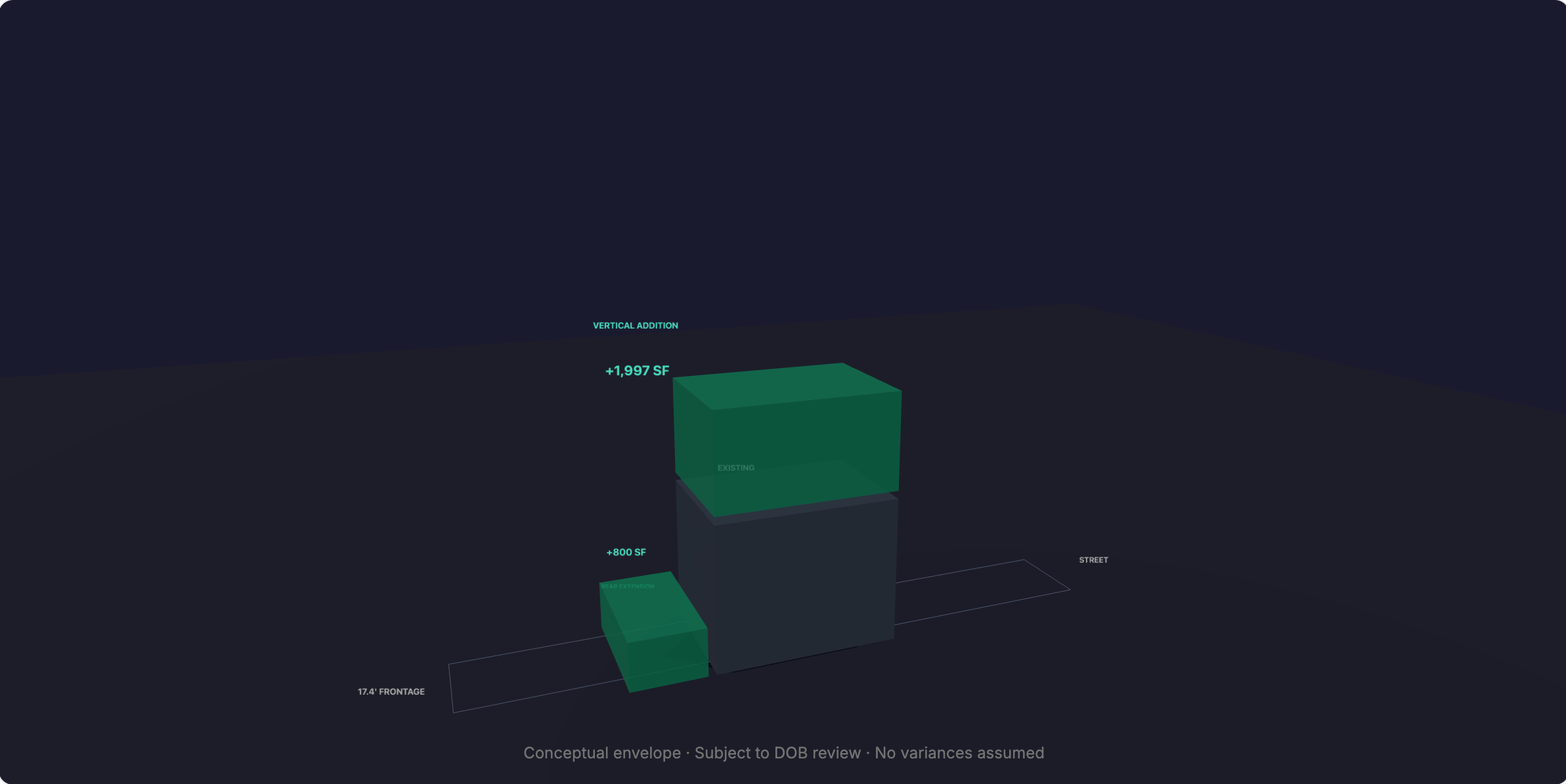 3D zoning envelope visualization showing existing building with vertical addition and rear extension potential