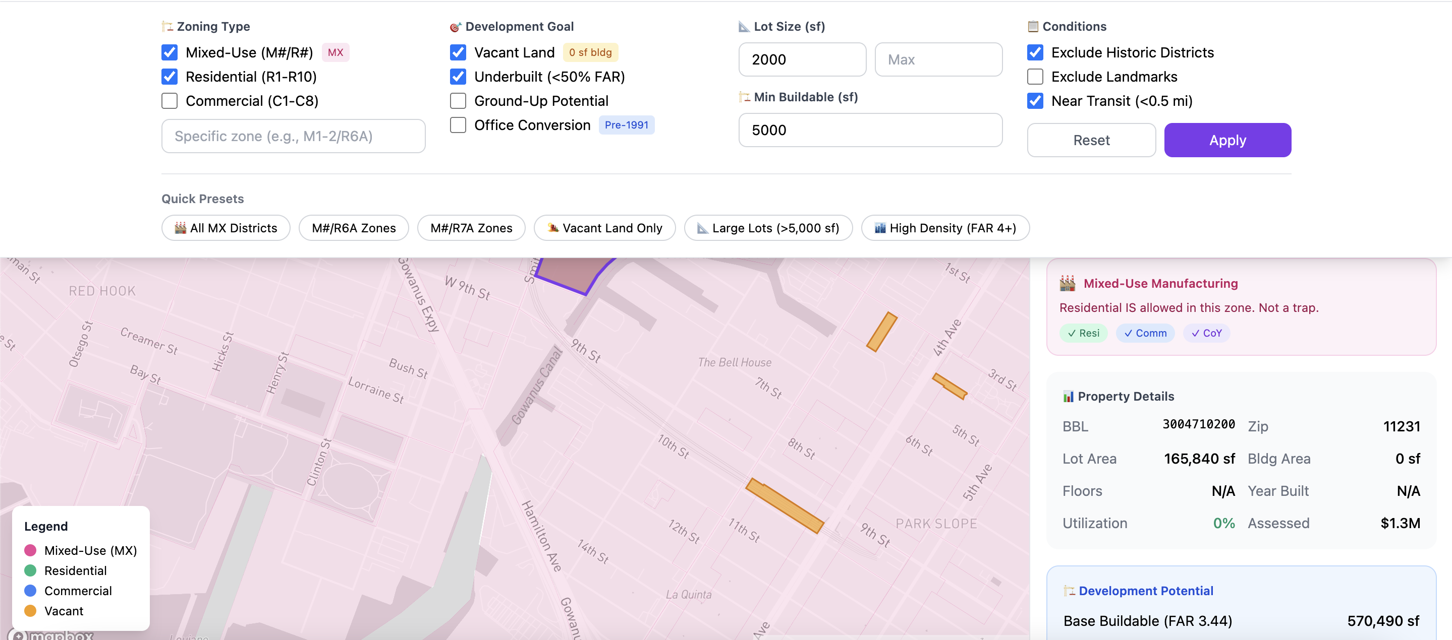 Pulse Engine spatial search interface showing zoning filters and property details for 459 Smith St
